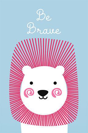 Wadi Home Be Brave Lion Nursery Art with pink mane on blue background, inspiring courage for a child's room.