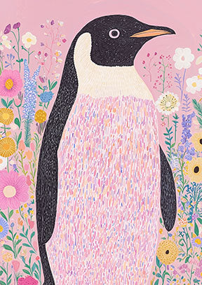 Wadi Home whimsical penguin art print with pink background and colorful flowers. Features a penguin with black head and white chest, surrounded by a vibrant meadow.