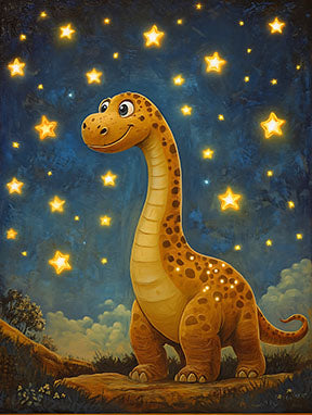 Wadi Home whimsical orange dinosaur art with yellow stars on a dark blue night sky, perfect for a child's room.