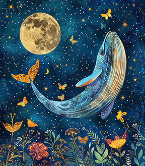 Wadi Home whimsical blue whale art with moon, stars, butterflies, and flowers. Perfect for nursery.