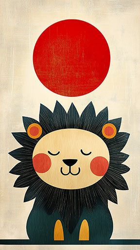 Wadi Home cute lion with red sun wall art for child's room. Features a stylized lion with a black mane and yellow accents against a textured cream background with a red sun.