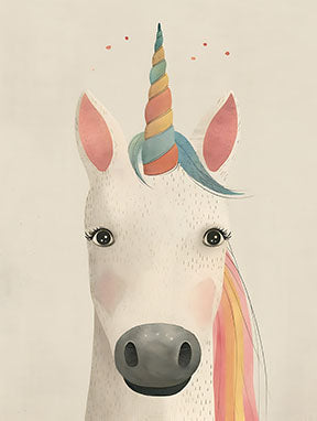 Wadi Home whimsical unicorn portrait wall art with rainbow mane and horn on a neutral background, perfect for a child's room.