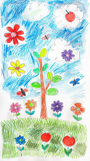 Wadi Home children's artwork display frame showcasing a colorful drawing of a tree with flowers and clouds. MDF frame with glass front.