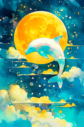 Wadi Home whimsical dolphin leaping under a luminous full moon in a starry, cloud-filled sky, watercolor style, blues, yellows, turquoise.