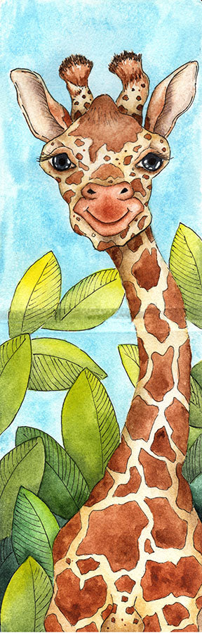 Wadi Home watercolor giraffe art for nursery, featuring a friendly giraffe peeking through green leaves against a blue sky.