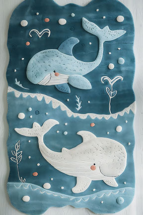 Wadi Home framed wall art with two cartoon whales in blue and white, perfect for a nursery.