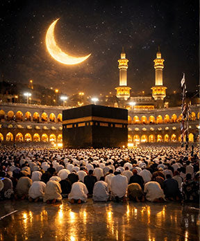 Wadi Home Islamic Kaaba Crescent Moon Wall Art depicting worshippers praying under a crescent moon and stars. High-quality print.