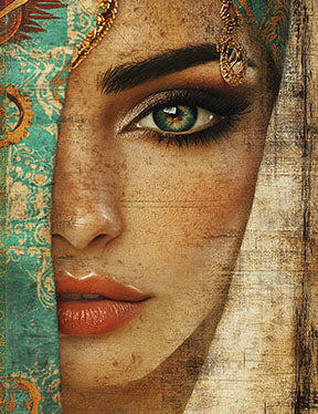 Wadi Home mysterious woman portrait wall art with green eyes and teal veil, warm tones, bohemian style.