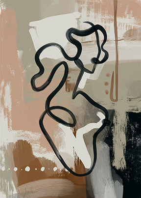 Wadi Home abstract line art canvas print featuring a black line drawing of a figure on a textured background in beige, brown, and black.