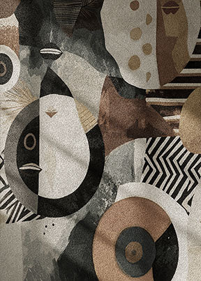 Wadi Home abstract geometric canvas wall art in black, white, beige, and gold with circular and zigzag patterns.