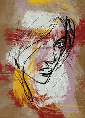 Wadi Home abstract face line art painting with red, yellow, and white brushstrokes on a neutral background.