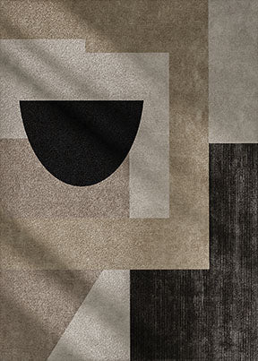 Wadi Home abstract geometric canvas art in beige, taupe, and charcoal with a black semi-circle.
