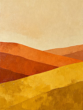 Wadi Home abstract landscape canvas art with ochre, burnt orange, and golden yellow rolling hills.