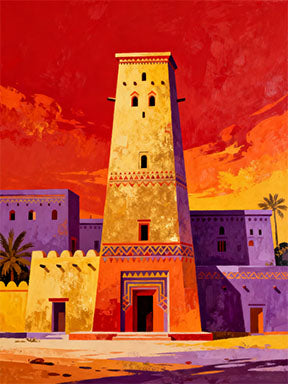 Wadi Home Desert Oasis Tower Art Print featuring a tall, yellow tower against a vibrant red and orange sunset sky with purple buildings.