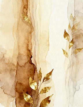 Wadi Home abstract watercolor botanical wall art with gold leaf accents in warm earth tones.