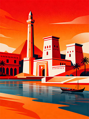 Wadi Home Egyptian riverside landscape art with temples, a minaret, and a boat on the water, in warm oranges, blues, and yellows.