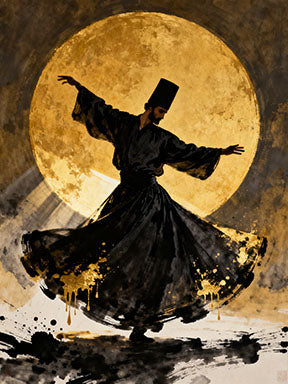 Wadi Home Whirling Dervish artwork in black silhouette against a golden moon, abstract brushstrokes.