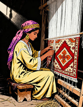 Wadi Home Traditional Weaver Wall Art: Woman in yellow dress and pink headscarf weaving a rug on a loom, rich colors, detailed illustration.