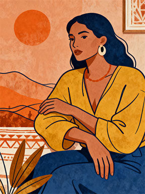 Wadi Home abstract wall art of a woman in a yellow top and blue pants against a sunset landscape with ochre and orange hues.