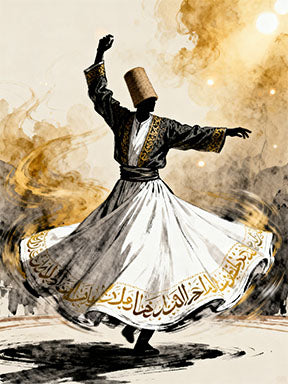 Wadi Home Whirling Dervish artwork in watercolor style, featuring a dancer in white skirt with Arabic calligraphy, against golden smoky background.