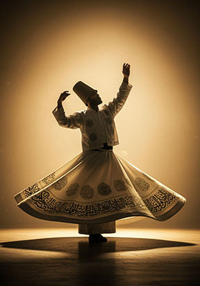 Wadi Home Whirling Dervish wall art, a man in traditional white robes and hat spinning, golden hues, intricate patterns on skirt.