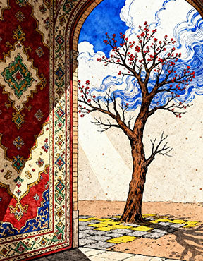 Wadi Home Persian archway wall art with blooming tree and Persian rug detail. Vibrant colors, exotic elegance.