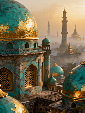 Wadi Home canvas print of a majestic Islamic cityscape with turquoise domes and golden accents, bathed in warm sunlight.