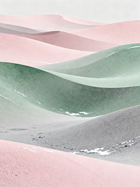 Wadi Home abstract desert landscape art with blush pink, sage green, and grey dunes. Modern wall art for living room.