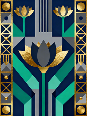 Wadi Home Geometric Floral Art Print in deep blues, emerald greens, and gold accents. Modern wall art.