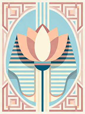 Wadi Home Art Deco lotus flower wall art in peach, cream, blue, and pink geometric patterns.