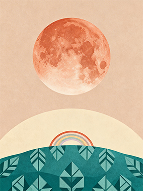 Wadi Home abstract celestial landscape art with textured orange moon, peach sky, teal geometric trees, and rainbow arc.