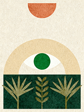 Wadi Home abstract botanical eye wall art with green eye, terracotta sun, and cream background.