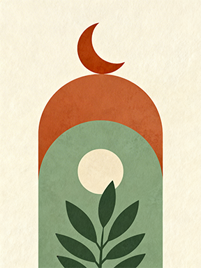 Wadi Home Abstract Archway Botanical Moon Wall Art with rust, sage green, and cream tones. Modern bohemian style.