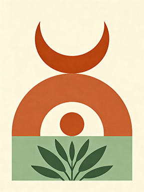 Wadi Home abstract geometric boho wall art with terracotta, sage green, and cream colors. Features crescent moon, arch, and plant motifs.