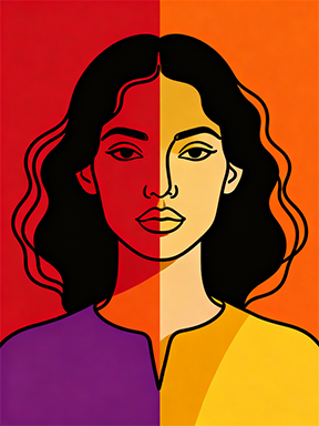 Wadi Home modern abstract portrait wall art featuring a woman in bold red, orange, yellow, and purple color blocks with black outline.
