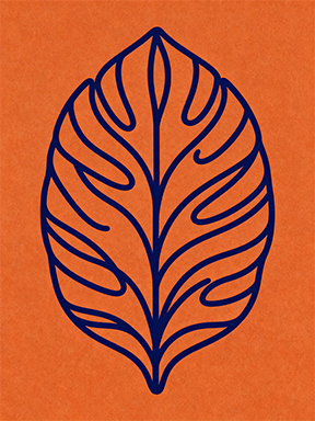 Wadi Home abstract navy blue leaf outline on textured orange background wall art.