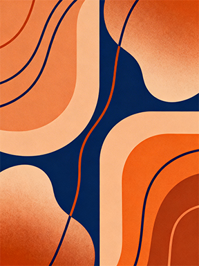 Wadi Home abstract wall art with organic shapes in navy blue, orange, and peach. Modern, textured design.