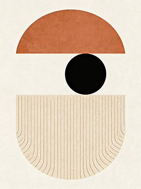 Wadi Home abstract geometric wall art with terracotta semi-circle, black circle, and textured neutral lower section.