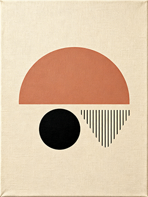 Wadi Home abstract geometric wall art with terracotta semi-circle, black circle, and vertical lines on textured background.