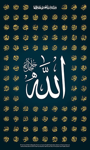 Wadi Home Islamic Calligraphy Wall Art featuring Allah's name in white script on teal, surrounded by golden Arabic calligraphy. Framed Muslim art.
