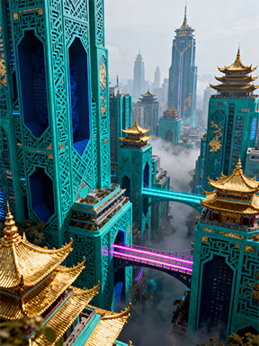 Wadi Home futuristic cityscape wall art with teal pagoda architecture, golden roofs, and neon bridges.