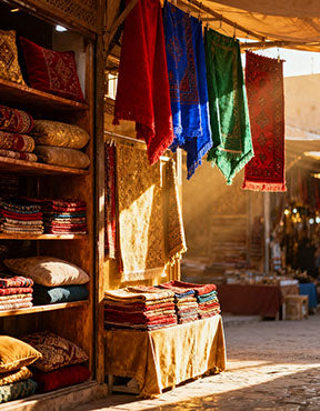 Wadi Home market stall with hanging red, blue, and green textiles and stacked fabrics in warm sunlight.