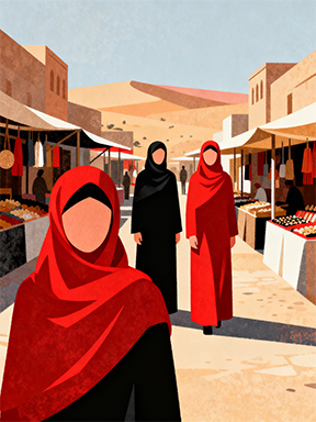 Wadi Home art print of women in traditional red and black attire walking through a vibrant marketplace with stalls and desert scenery.