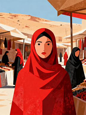 Wadi Home digital art print of a woman in a red hijab at a bustling market scene. Minimalist style with rich colors.