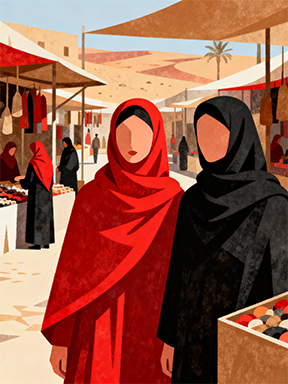 Wadi Home Market Day With Two Women artwork, featuring women in red and black hijabs at a bustling marketplace. Minimalist flat design with earthy tones.