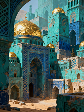 Wadi Home turquoise cityscape artwork with golden domes and intricate blue tile details, evoking exotic architecture.