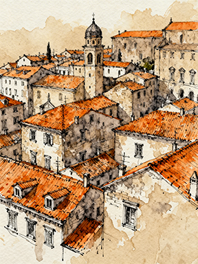 Wadi Home European cityscape watercolor art with terracotta rooftops and bell tower. Detailed ink lines and warm tones.