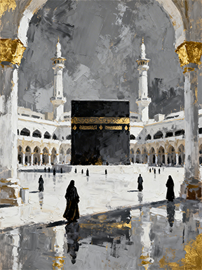 Wadi Home Islamic Kaaba painting in abstract style with gold accents, depicting Mecca's holy site.