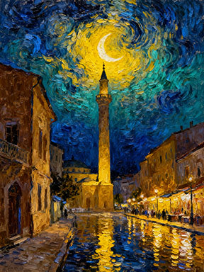 Wadi Home Impressionist night cityscape canvas art with a crescent moon and starry sky over a European street with reflections.