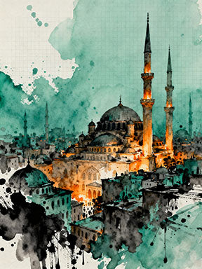 Wadi Home watercolor mosque cityscape wall art with teal and orange hues, featuring Islamic architecture and city skyline.